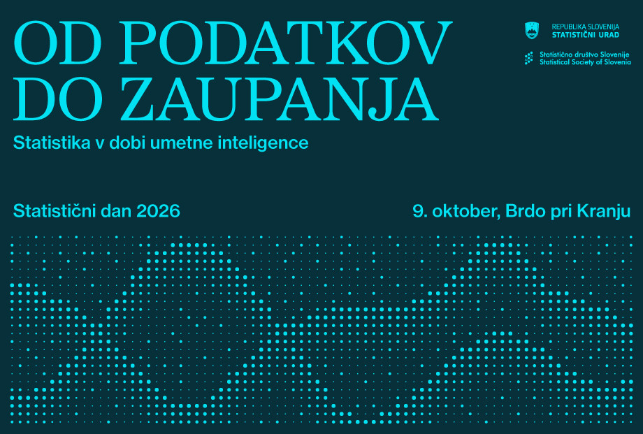 Grafika za Statistični dan 2026 z naslovom »Od podatkov do zaupanja: statistika v dobi umetne inteligence«. Dogodek bo 9. oktobra 2026 na Brdu pri Kranju. V spodnjem delu je abstrakten vzorec iz modrih pik, ki ponazarja podatke.