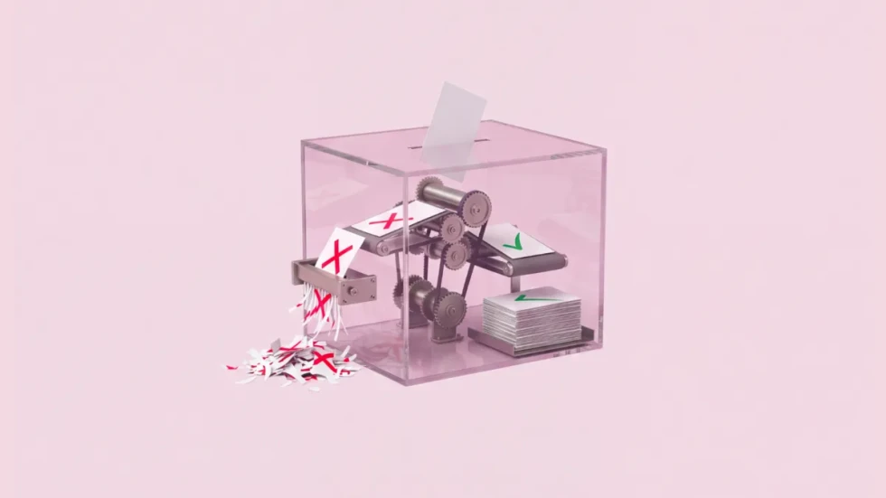 A pink box with a clear window, inside is a contraption shredding papers with red X's and green checks.