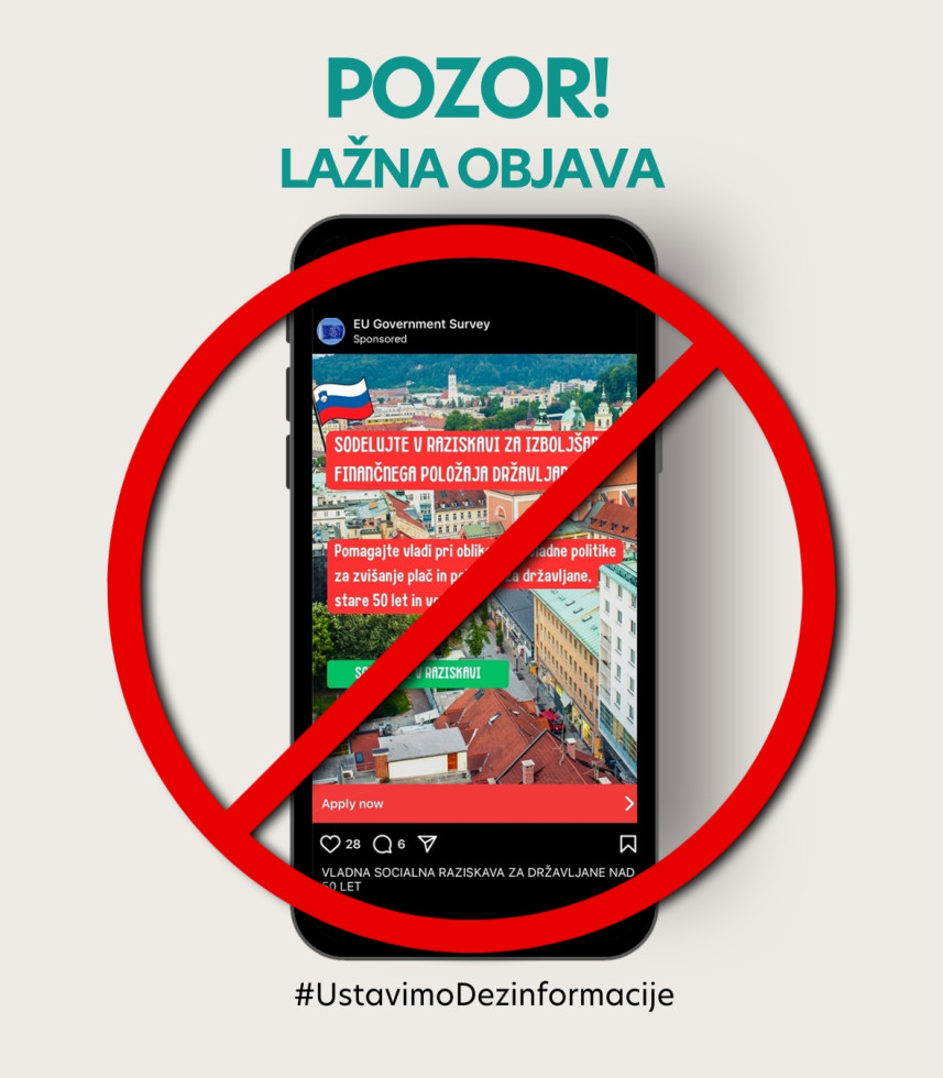 Zaslon mobilnega telefona z lažnim vabilom k raziskavi, čez telefon narisan rdeč krog s črtom, nad tem napi: Pozor! Lažna objava