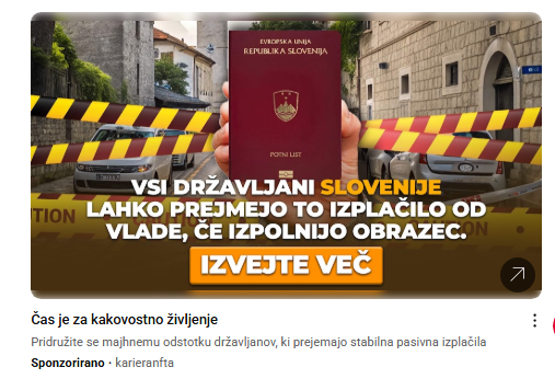Roka drži slovenski potni list, spodaj napis: vsi državljani Slovenije lahko prejmejo to izplačilo od vlade, če izpolnijo obrazec. Izvejte več.