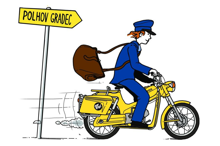 Ilustracija poštarja na motorju, na smerokazu piše Polhov Gradec.