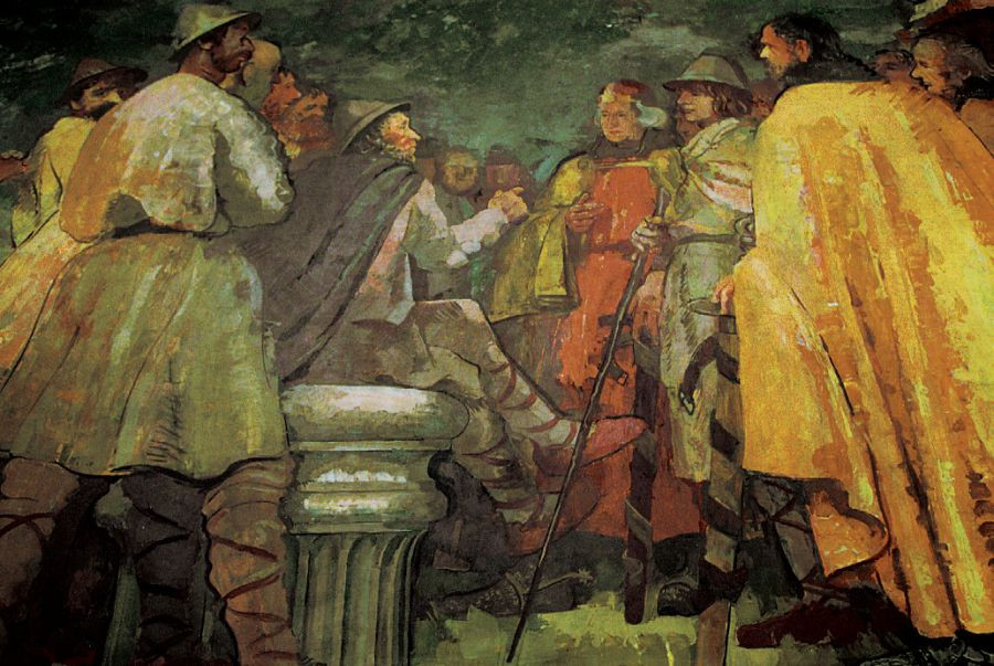 Naslikani ljudje, ki stojijo okoli knežjega kamna, na katerem sedi knez.