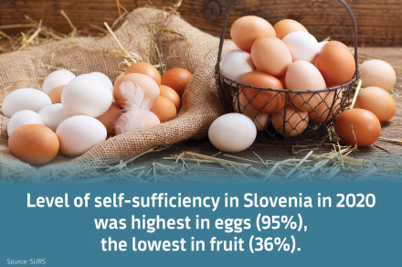 Level of self-sufficiency in Slovenia in 2020 was highest in eggs (95%),  the lowest in fruit (36%). Source: SURS.