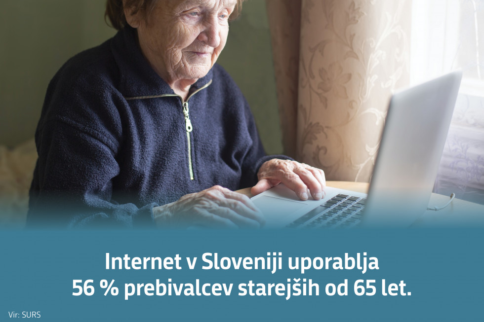 Internet v Sloveniji uporablja 56 % prebivalcev starejših od 65 let.  Vir: SURS
