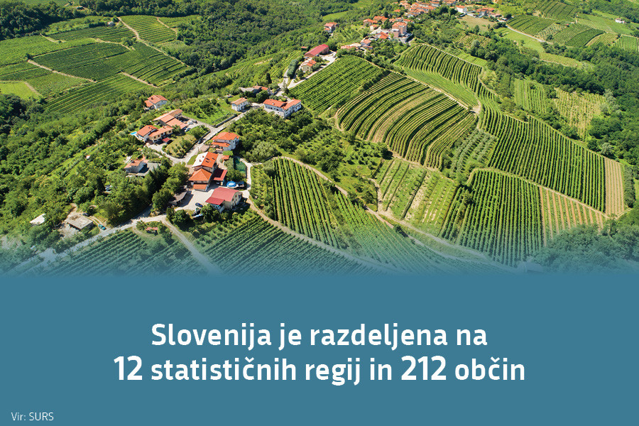 Slovenija je razdeljena na 12 statističnih regij in 212 občin. Vir: SURS