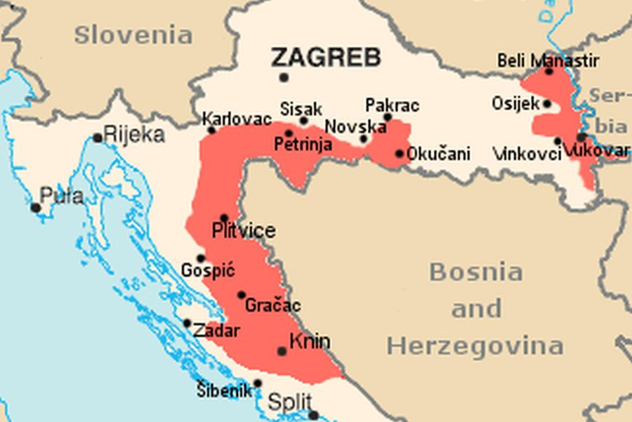 Zemljevid dela Hrvaške. SAO Krajina je obarvana z rdečo. 