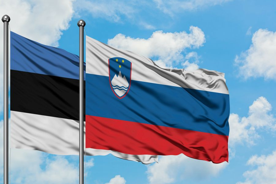 Slovenska in estonska zastava plapolata. V ozadju modro nebo z oblaki.