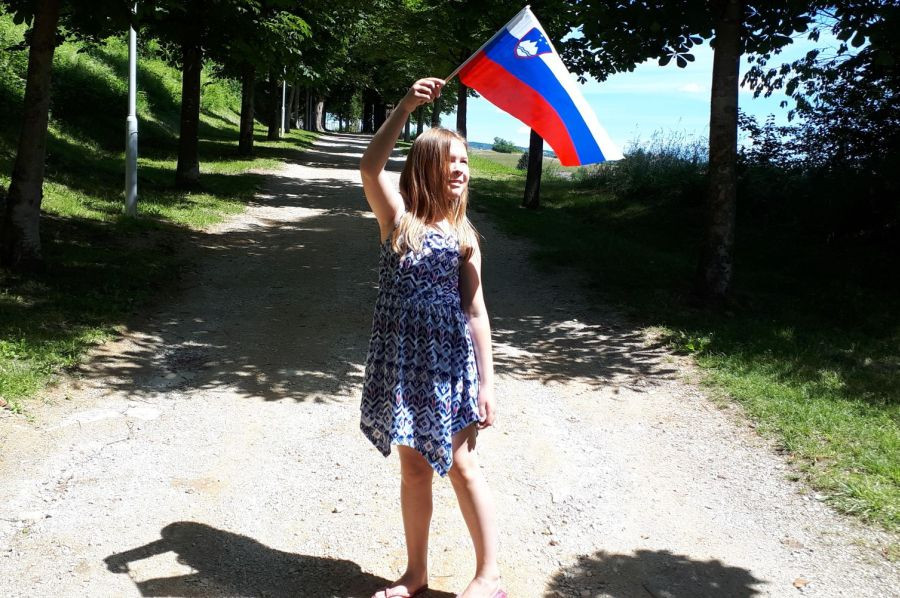 A little girl holds the flag on a stick.