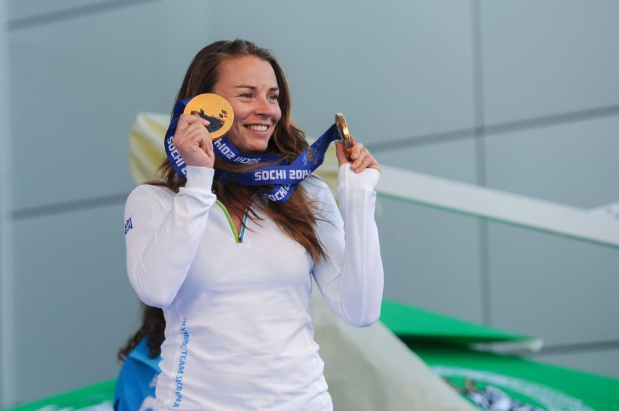 Tina Maze with medals.