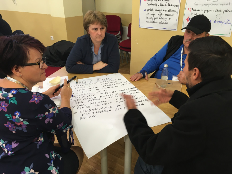 Skupina 4 udeležencev usmerjene razprave v Rogašovcih ob plakatu z naslovom Občina Kuzma