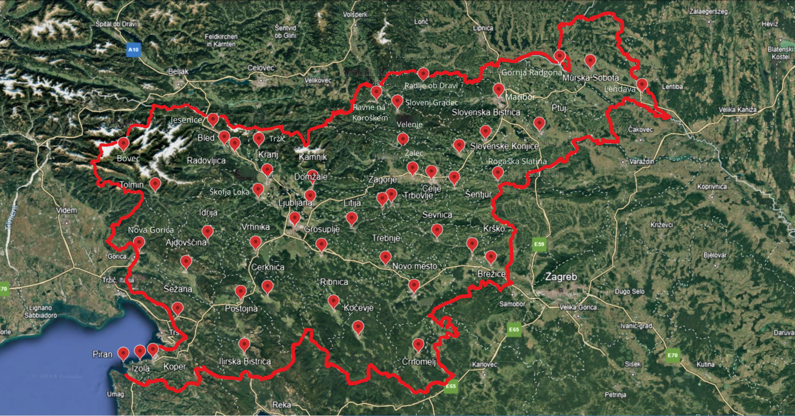Na sliki je zemljevid Slovenije s 40 točkami/mesti, kjer izvajajo jezikovne tečaje