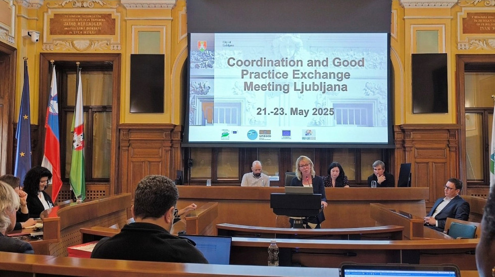 Ženska stoji za govornim pultom in predava skupini ljudi