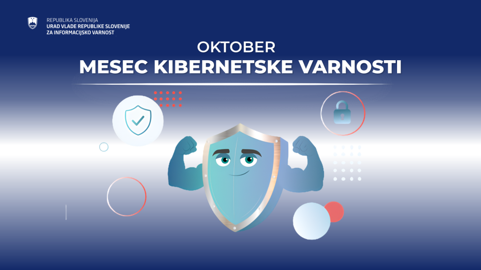 Grafika z modrim ozadjem in ikone v obliki ščita z napisom "OKTOBER Mesec kibernetske varnosti"