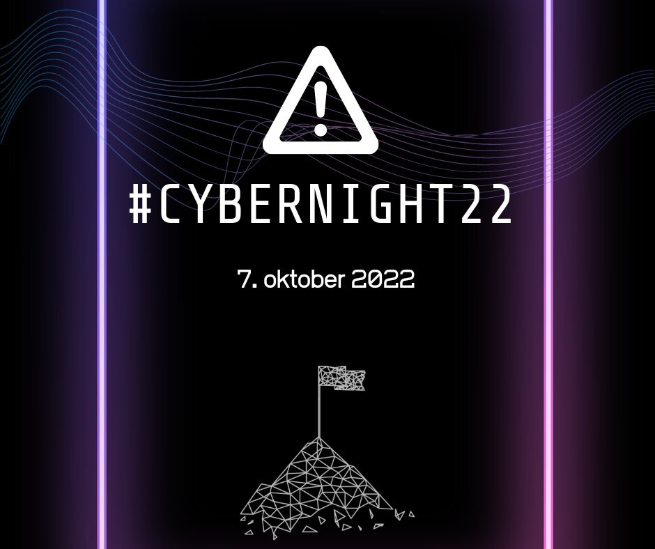 Na sliki je trikotnik s klicajem, pod njim napis #CYBERNIGHT22, pod njim datum 7. oktober 2022 in pod njim mrežni model gore z zastavo na najvišjem vrhu.