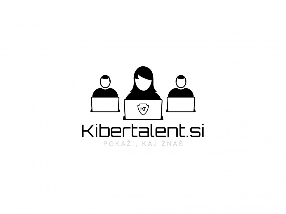 Logotip projekta Kibertalent.si. Na sredini je v ospredju dekle za prenosnim računalnikom, v ozadju pa na levi in desni dva fanta za prenosnima računalnikoma. Spodaj je napis Kibertalent.si, pod njim pa še stavek Pokaži, kaj znaš.