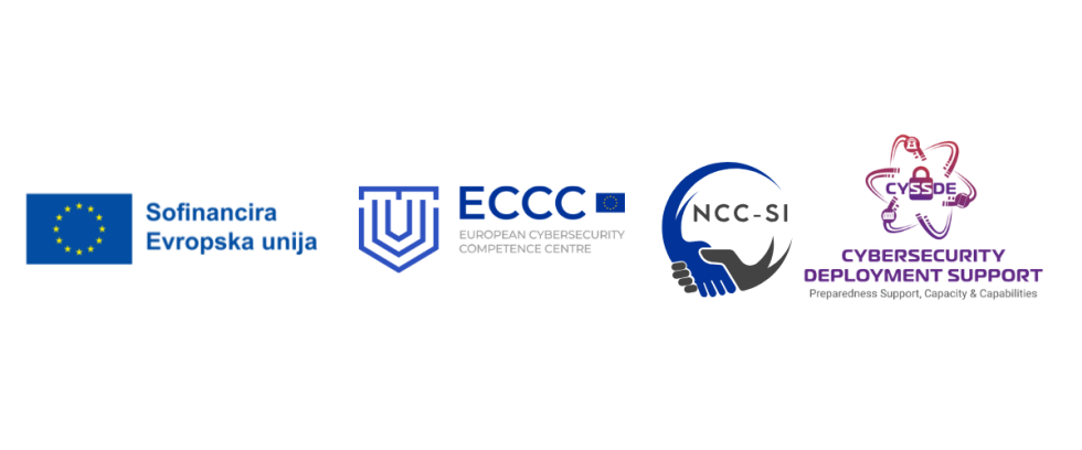 Logotipi Evropske unije, Evropskega kompetenčnega centra za kibernetsko varnost, Nacionalnega koordinacijskega centra za kibernetsko varnost in projekta Cyssde.