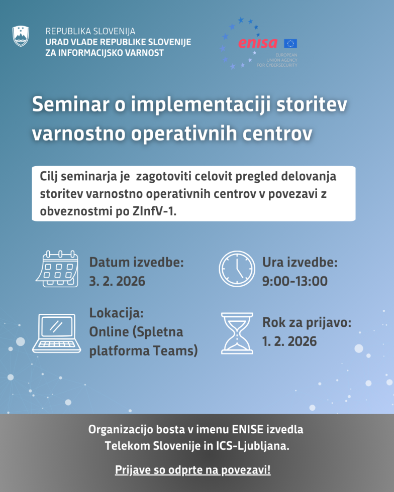 Grafika Seminar o implementaciji storitev varnostno operativnih centrov, logo ENISA.