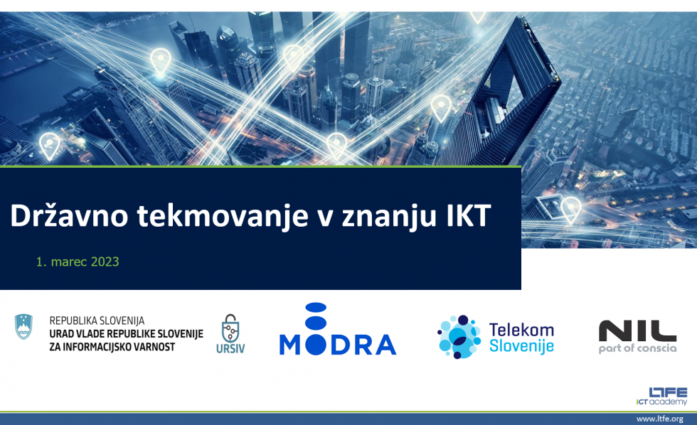 Plakat za državno tekmovanje v znanju informacijsko komunikacijskih tehnologij, ki ga podpirajo URSIV, Modra zavarovalnica, Telekom Slovenije in podjetje NIL.