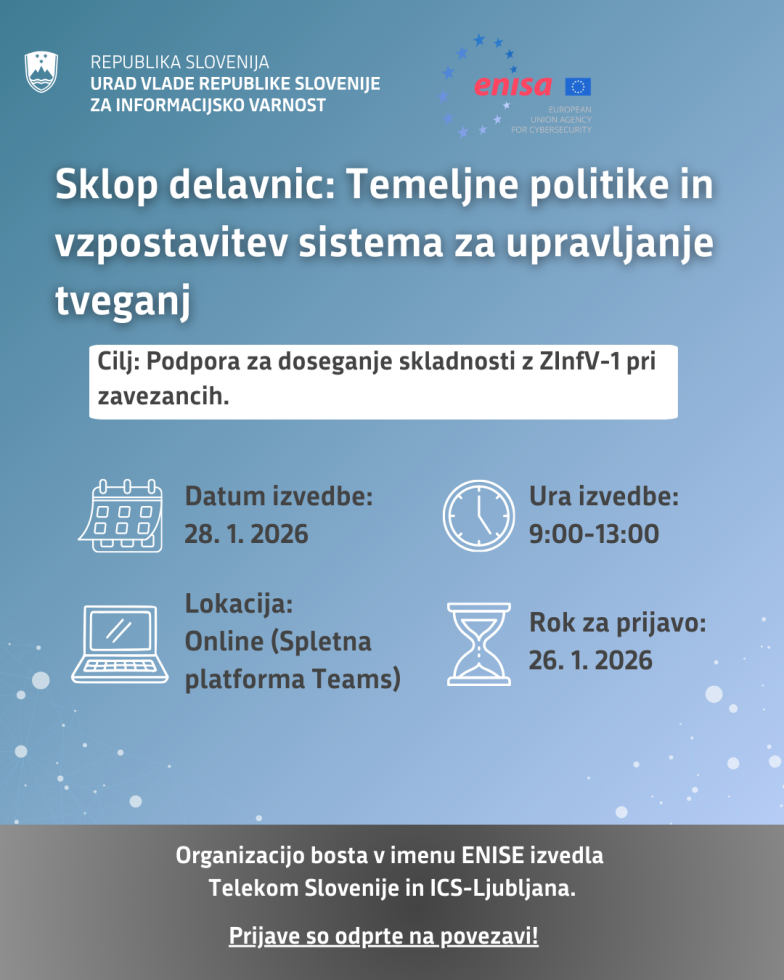 Grafika z besedilom o prvem sklopu delavnic, logo ENISA.