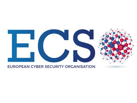 Logotip ECSO, sestavljen iz črk E, C, S in O, ki jo predstavlja okroglo omrežje povezanih točk.