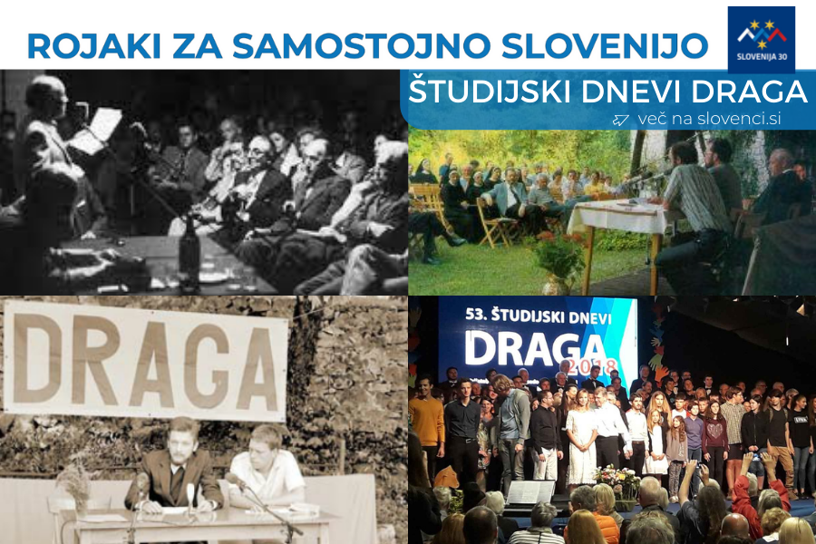 Utrinki štirih srečanj, na vrhu na belem traku napis Rojaki za samostojno Slovenijo in logo (simbol Triglava v beli, modri in rdeči barvi, tri rumene zvezde in pod tem napis Slovenija 30), pod njim na modri podlagi napis Študjiski dnevi Draga in več na sl