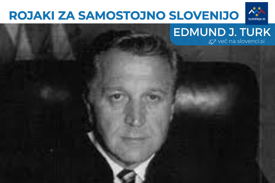 Edmund J. Turk, na vrhu na belem traku napis Rojaki za samostojno Slovenijo in logo (simbol Triglava v beli, modri in rdeči barvi, tri rumene zvezde in pod tem napis Slovenija 30), pod njim na modri podlagi napis Edmund J. Turk in več na slovenci.si.