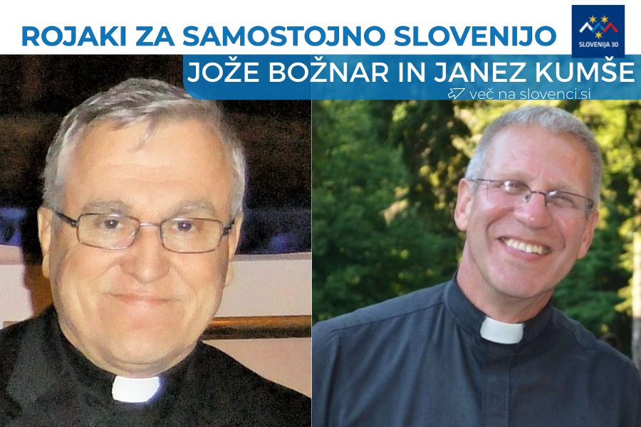 Jože Božnar in Janez Kumše, na vrhu na belem traku napis Rojaki za samostojno Slovenijo in logo (simbol Triglava v beli, modri in rdeči barvi, tri rumene zvezde in pod tem napis Slovenija 30), pod njim na modri podlagi napis Jože Božnar in Janez Kumše in 