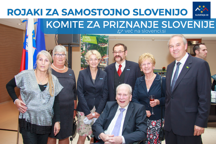 Člani Komiteja za priznanje Slovenije, na vrhu na belem traku napis Rojaki za samostojno SLovenijo in logo (simbolj Triglava v beli, modri in rdeči barvi, tri rumene zvezde in pod tem napis Slovenija 30), pod njim na modri podlagi napis Komite za priznanj