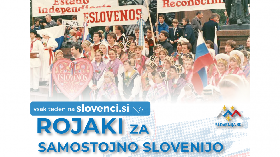 Argentinski Slovenci v nošah, z zastavami in transparenti, pod tem v modrem zaobljenem pravokotniku napis vsak teden na slovenci.si, spodaj pa moder napis Rojaki za samostojno Slovenijo.