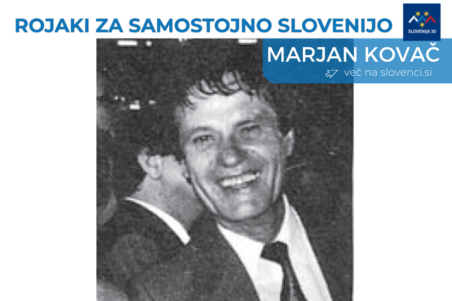 Marjan Kovač, na vrhu na belem traku napis Rojaki za samostojno Slovenijo in logo (simbol Triglava v beli, modri in rdeči barvi, tri rumene zvezde in pod tem napis Slovenija 30), pod njim na modri podlagi napis Marjan Kovač in več na slovenci.si.