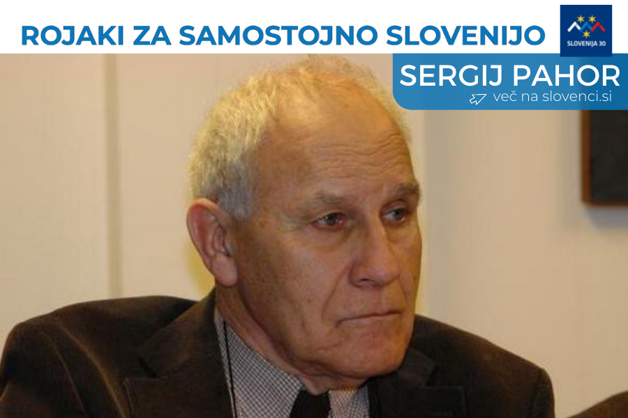 Sergij Pahor, na vrhu na belem traku napis Rojaki za samostojno Slovenijo in logo (simbol Triglava v beli, modri in rdeči barvi, tri rumene zvezde in pod tem napis Slovenija 30), pod njim na modri podlagi napis Sergij Pahor in več na slovenci.si.