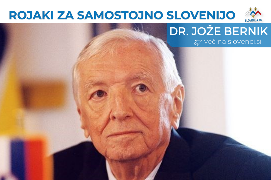 Dr. Jože Bernik, na vrhu na belem traku napis Rojaki za samostojno SLovenijo in logo (simbolj Triglava v beli, modri in rdeči barvi, tri rumene zvezde in pod tem napis Slovenija 30), pod njim na modri podlagi napis dr. Jože Bernik in več na slovenci.si.