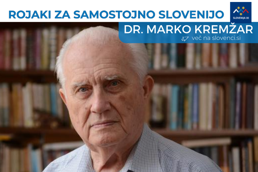 Dr. Marko Kremžar, na vrhu na belem traku napis Rojaki za samostojno Slovenijo in logo (simbol Triglava v beli, modri in rdeči barvi, tri rumene zvezde in pod tem napis Slovenija 30), pod njim na modri podlagi napis dr. Marko Kremžar in več na slovenci.si