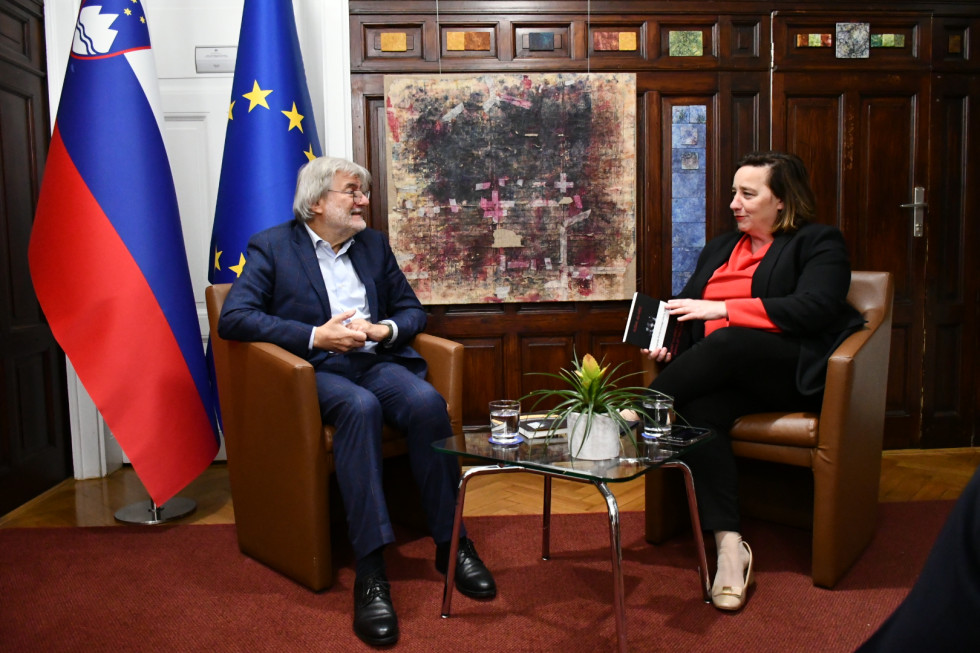 Dušan Jelinčič in Vesna Humar med pogovorom, Za njima slovenska in evropska zastava.