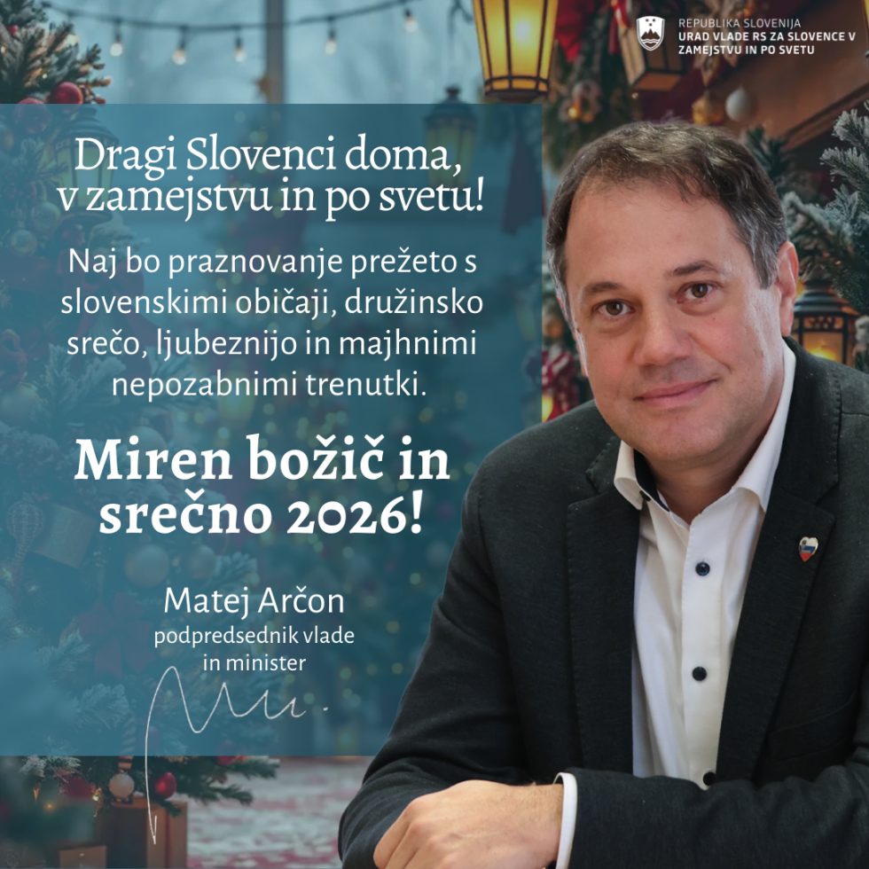 Grafika. Fotografija ministra Arčona, v ozadju praznično vzdušje in na levi na modri podlagi besedilo kot v besedilu novice. 