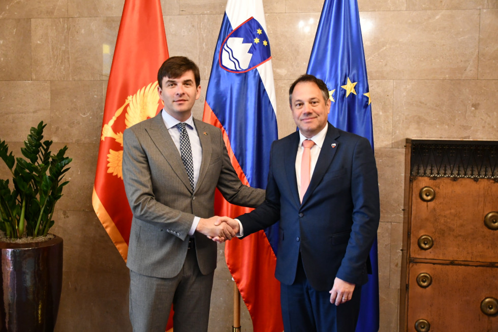 Ministra med rokovanjem. Za njima črnogorska, slovenska in evropska zastava.