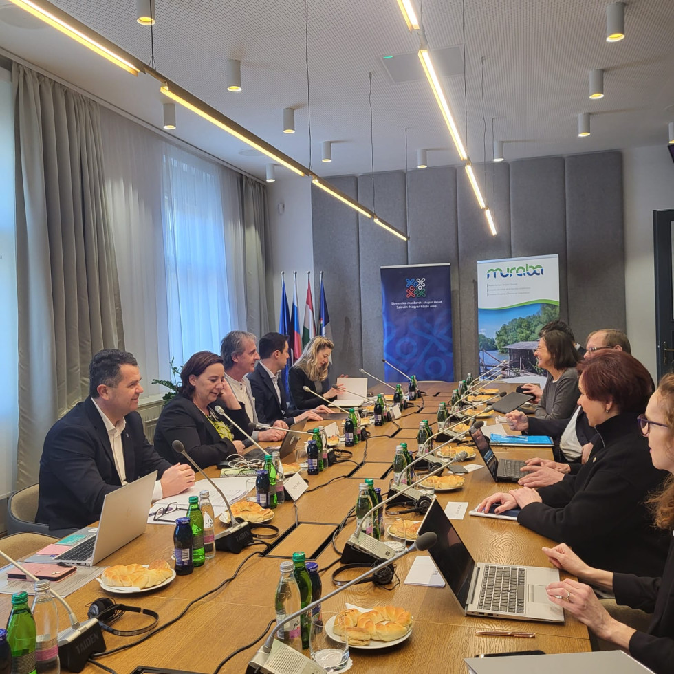 Člani odbora za mizo na zasedanju. Na mizi računalniki mikrofoni, sokovi, voda in pecivo.